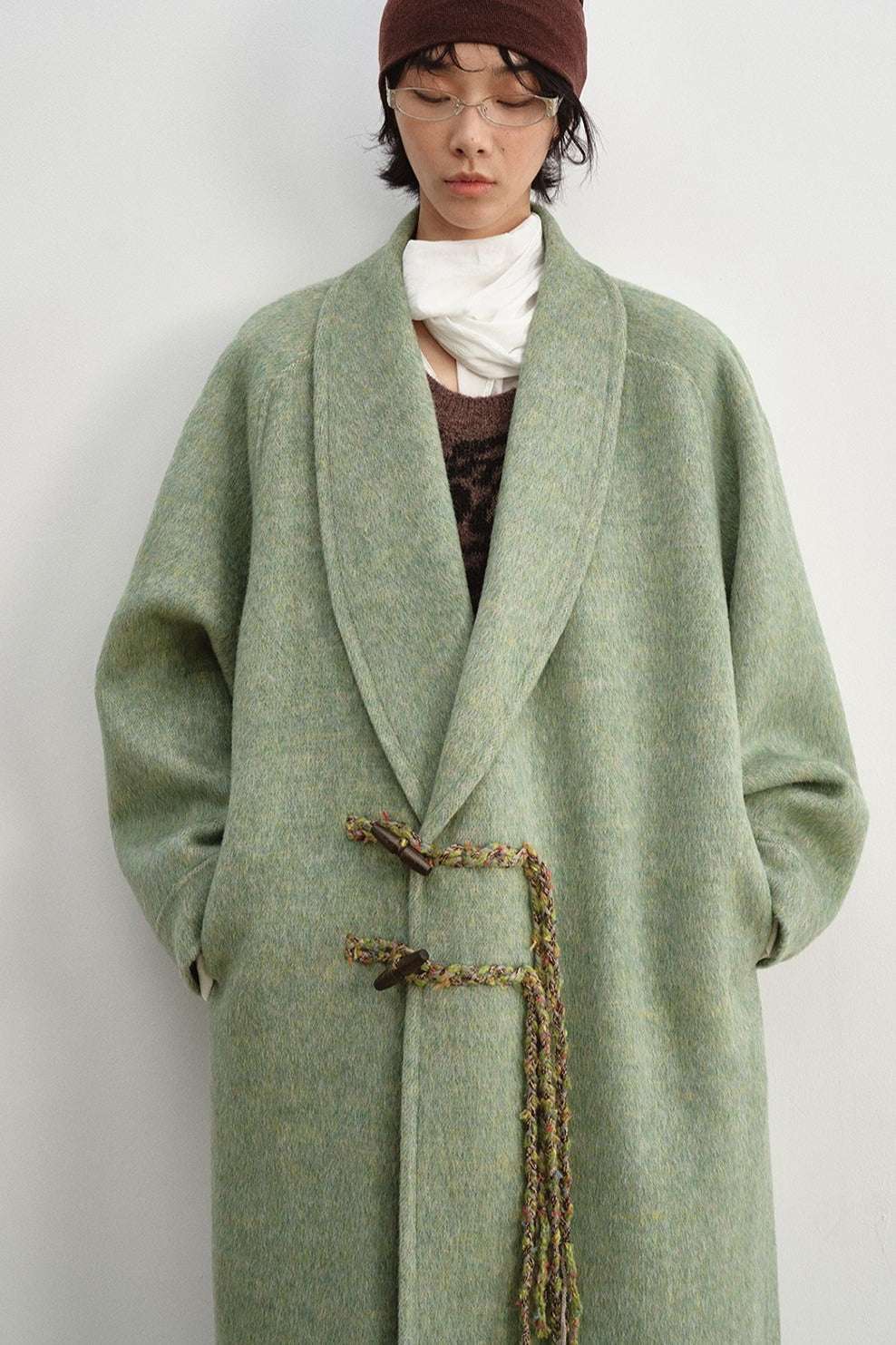 Wool-silk-angora ultra-loose V-neck over coat | 3 color