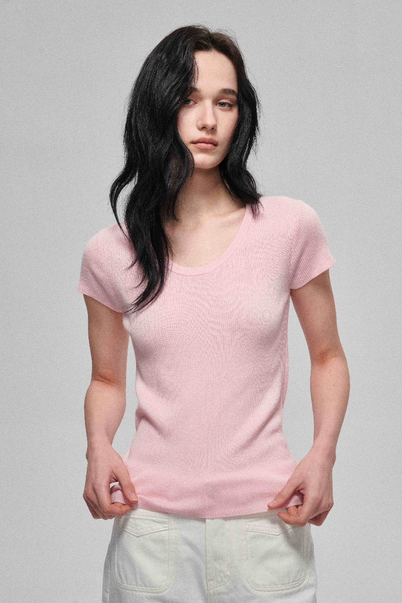 Wool containing soft ribbed knit T-shirt