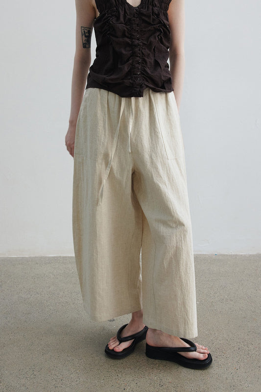 Cotton blend linen sickle shape wide-leg 8/9 pants | 4 color