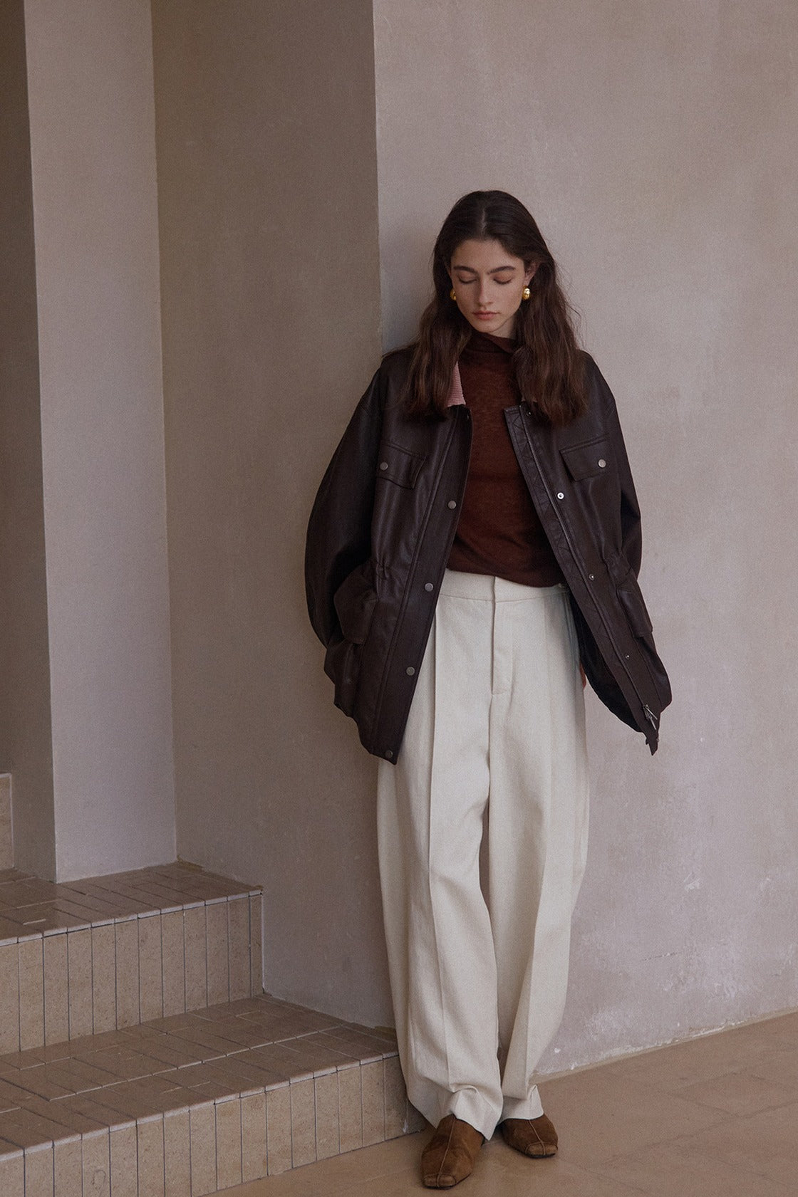 Cotton blend curved loose pants | 4 color