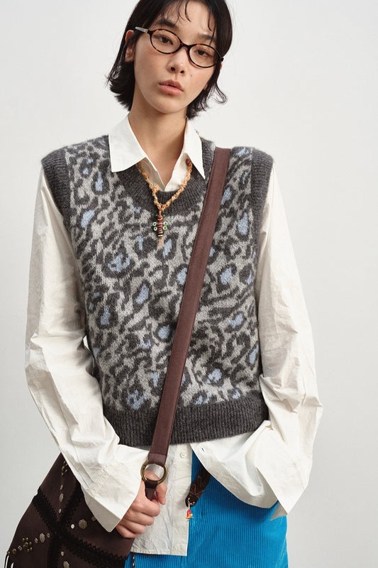 Alpaca blend retro leopard vest | 2 color