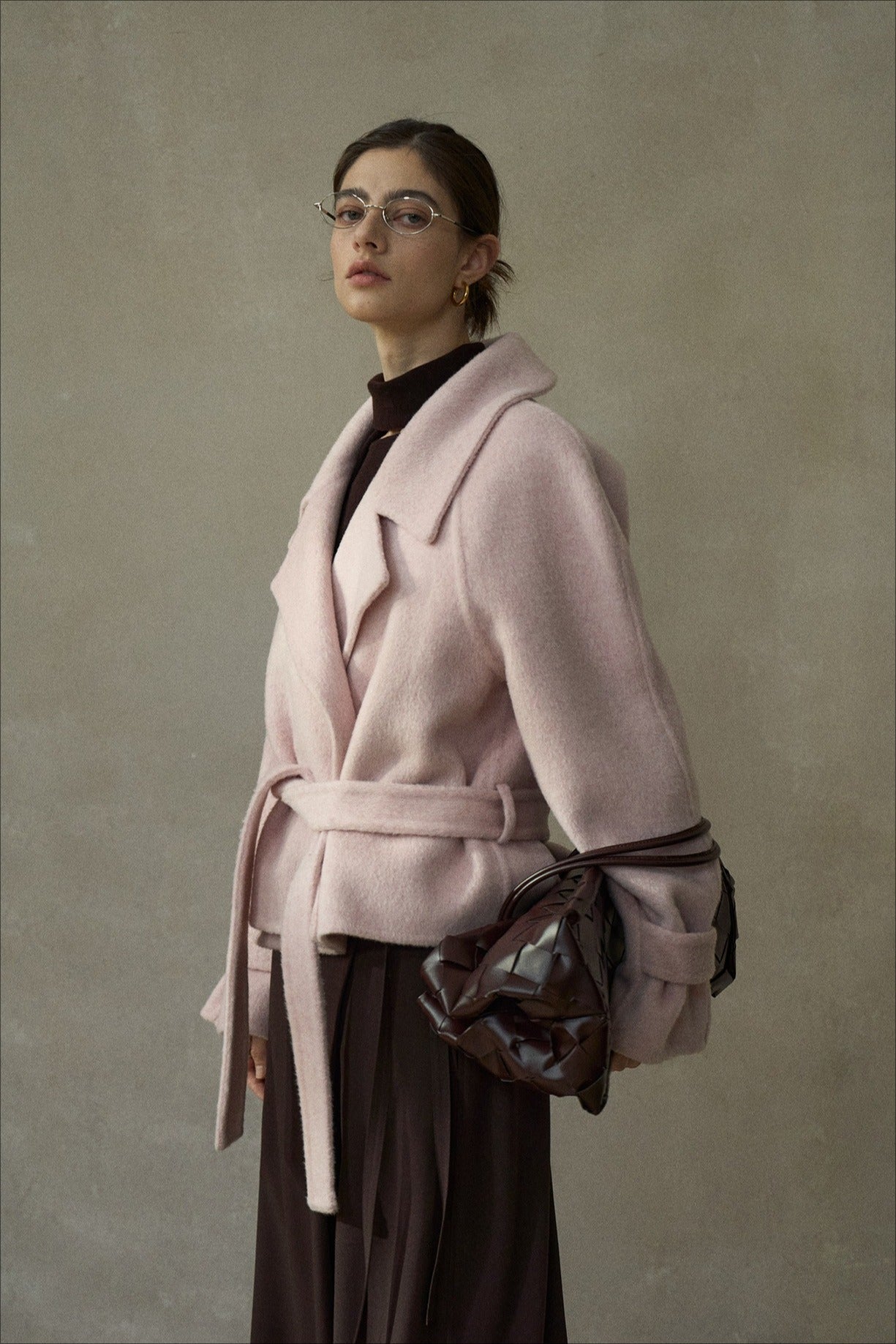 Wool-silk-camel hair cropped jacket with a belt | 3 color