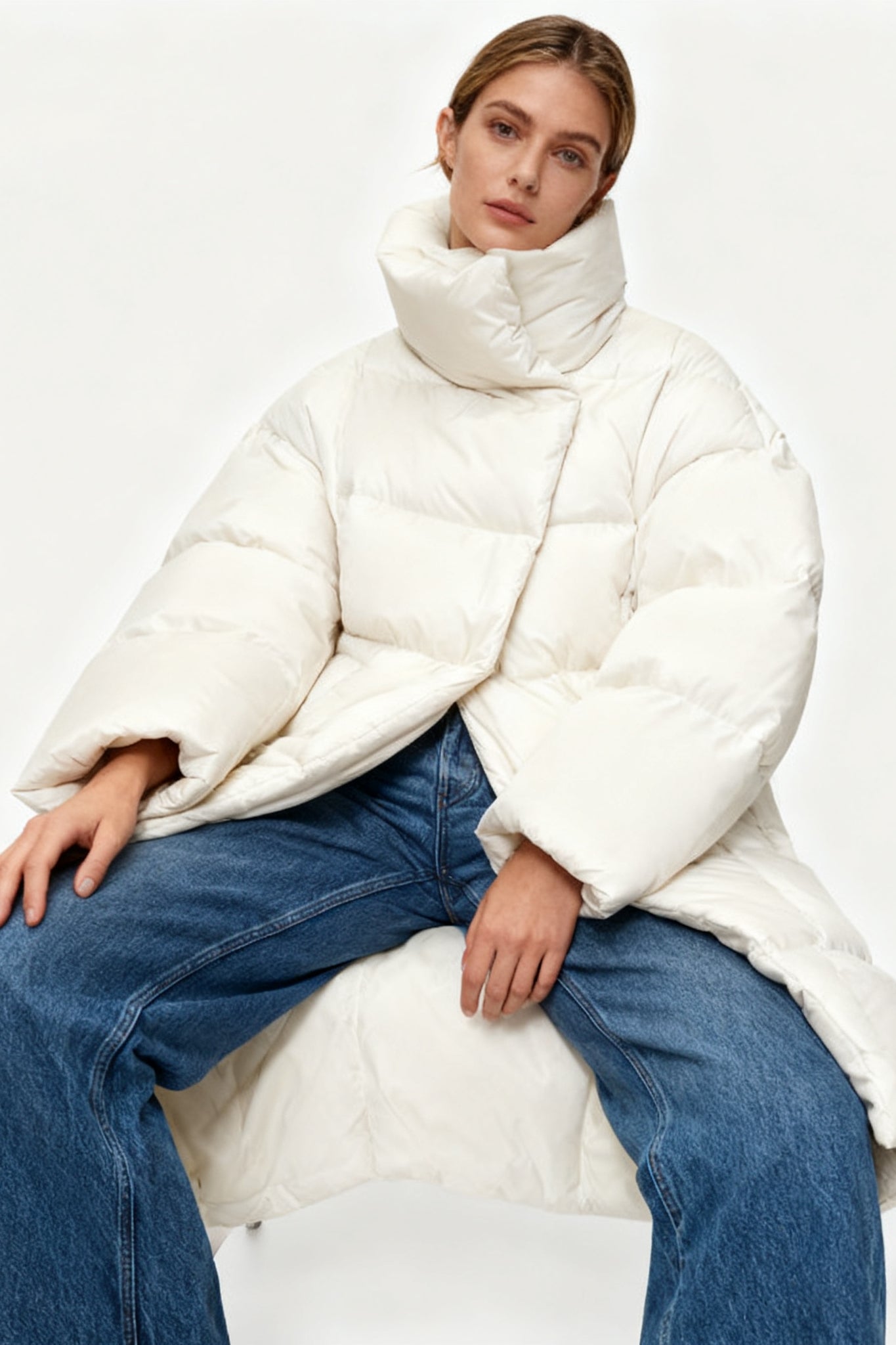 Cocoon-shape stand collar down coat | 2 color