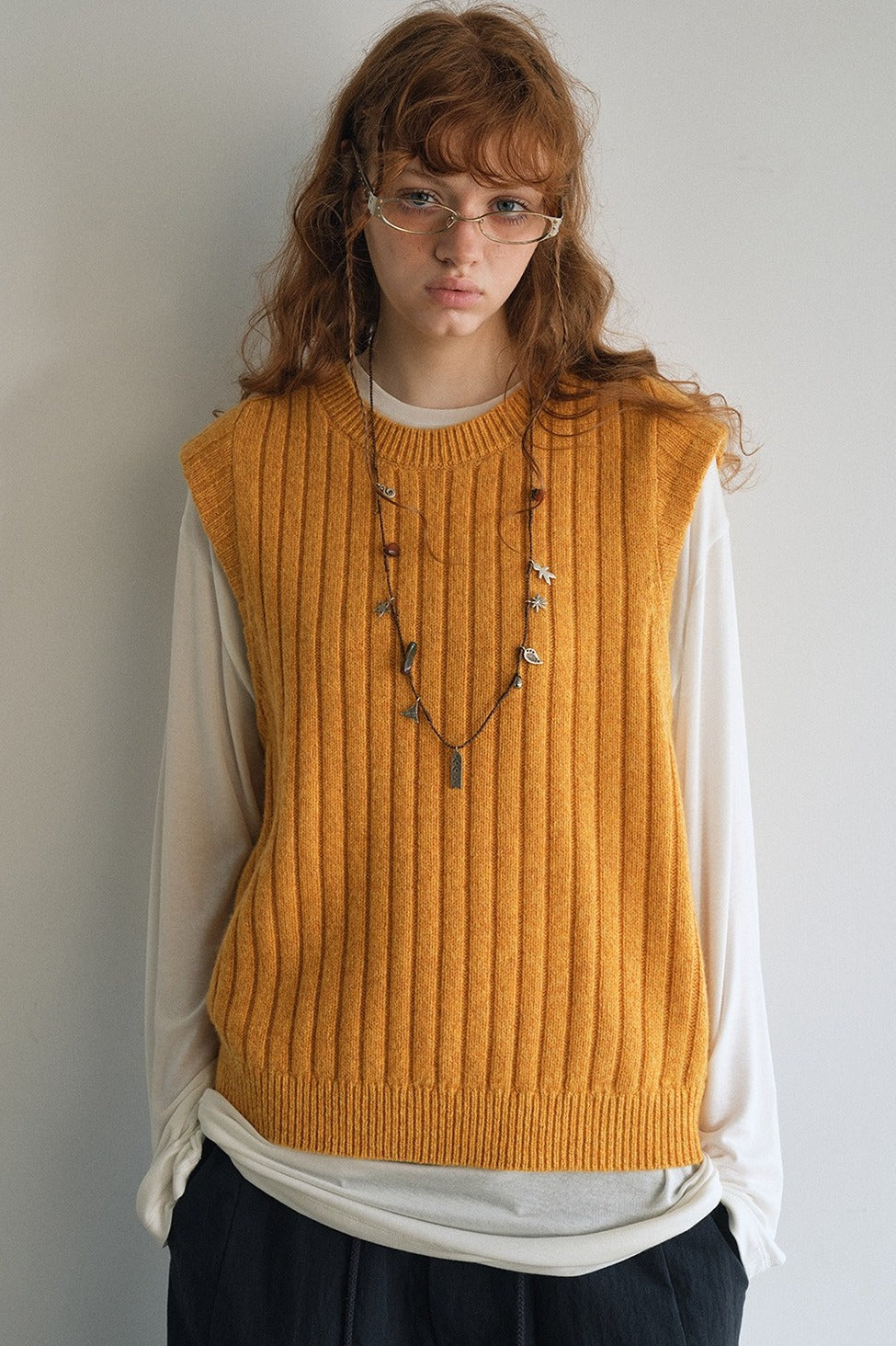 100% wool chunky texture rib vest | 4 color