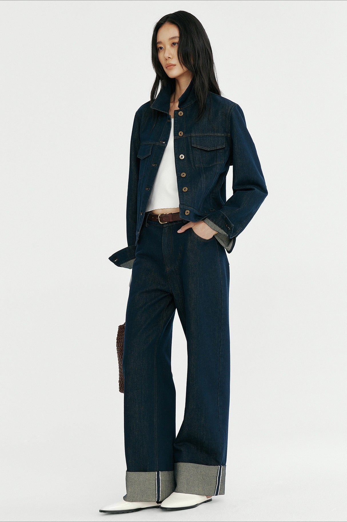 Cotton blend denim cropped jacket