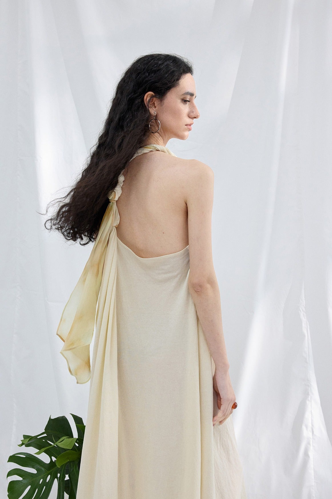 Cotton blend twisted ribbon backless dress | 3 color