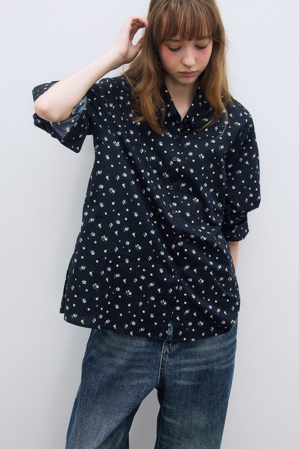 100% cotton floral pattern tie collar shirt | 2 color