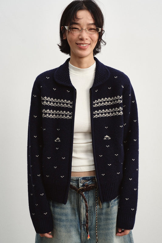 Wool jacquard pattern peter pan collar cardigan | 2 color