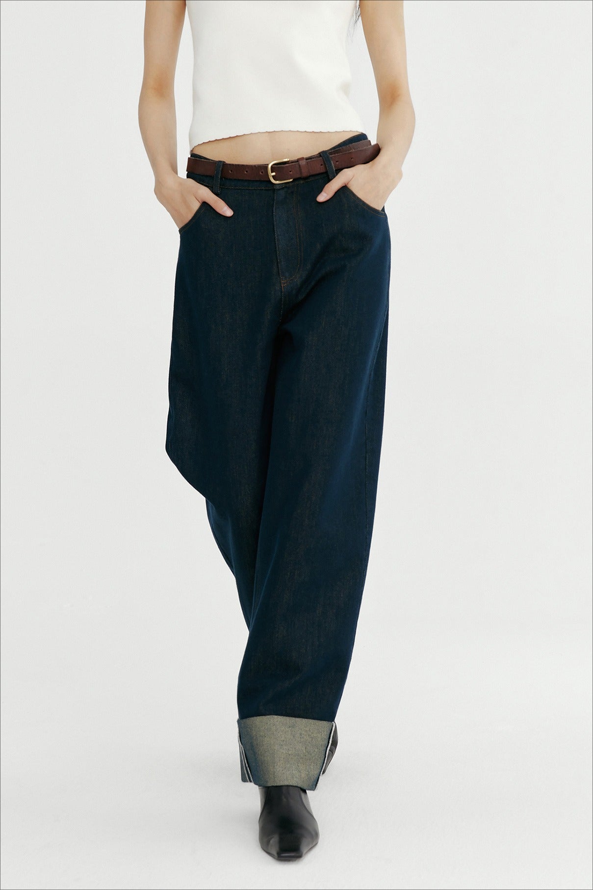 Cotton blend straight leg folded cuff jeans