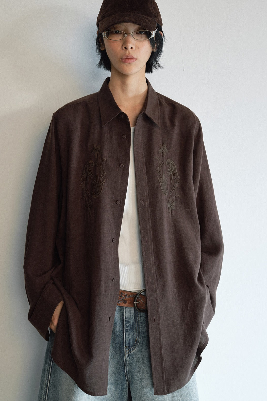 Linen blend relaxed-fit embroidery shirt | 3 color