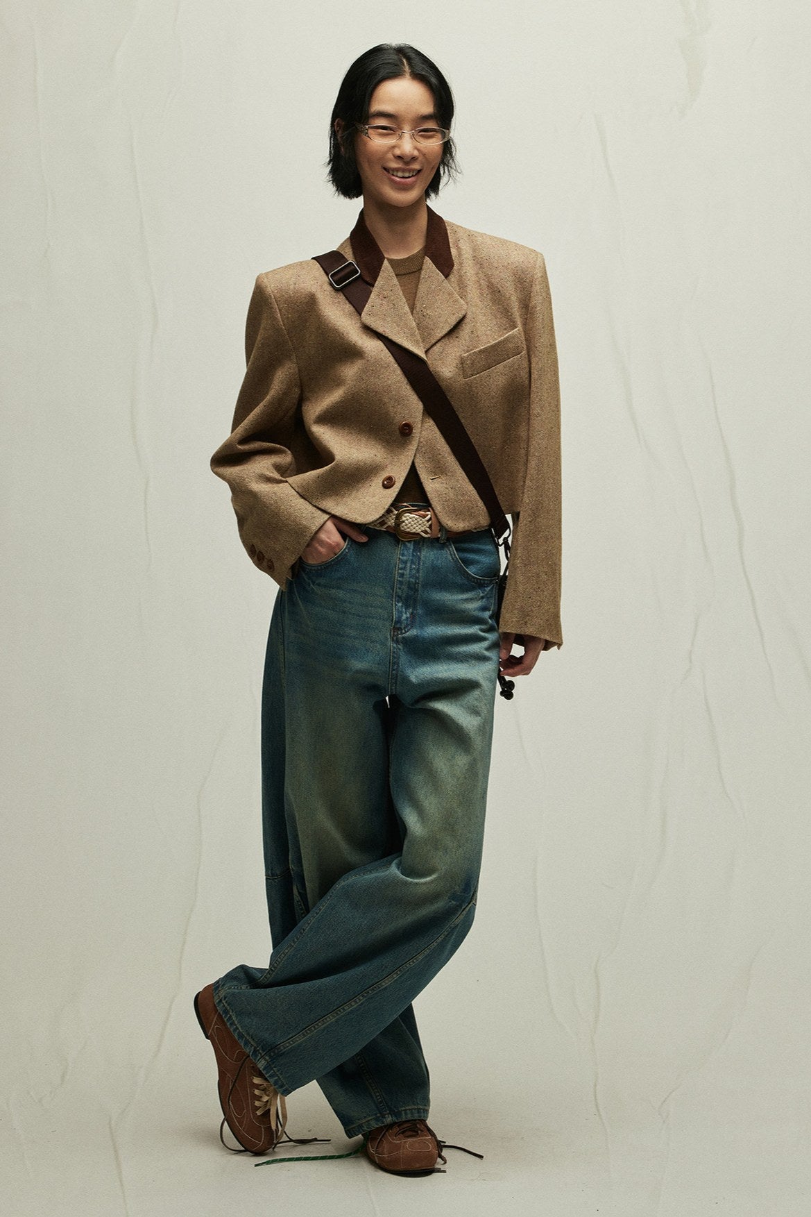 Wool blend patchwork cropped jacket | 2 color