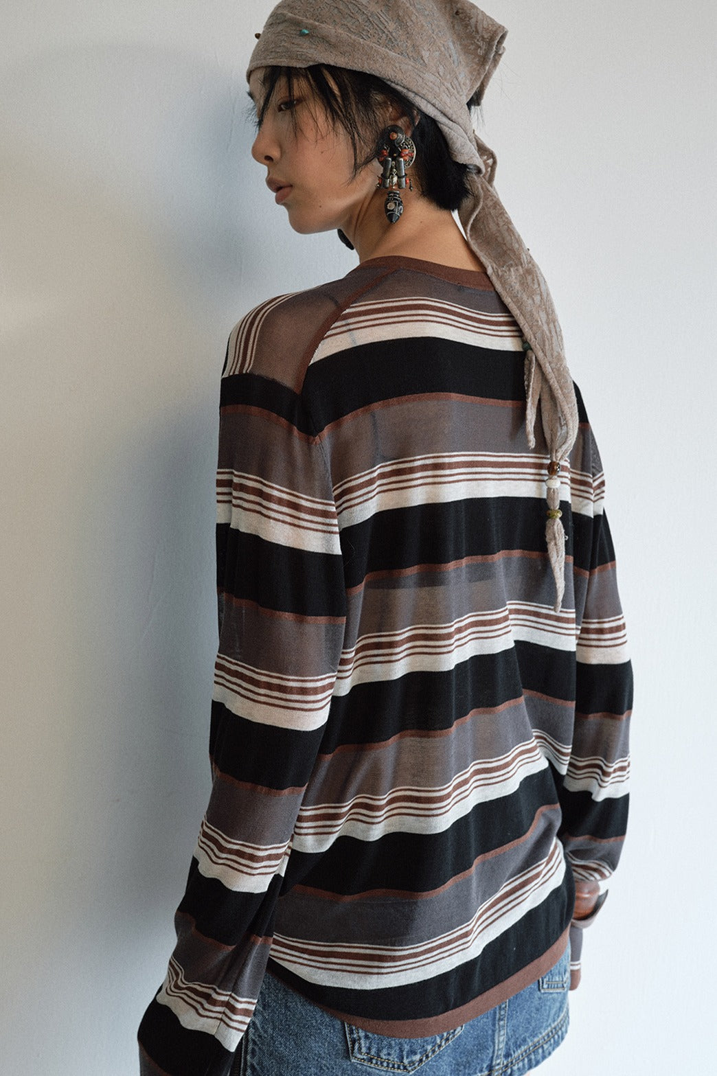 Lightweight slightly sheer stripe knit T-shirt | 4 color