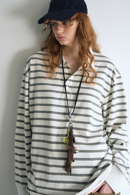 100% cotton loose-fit stripe pattern polo t-shirt | 4 color