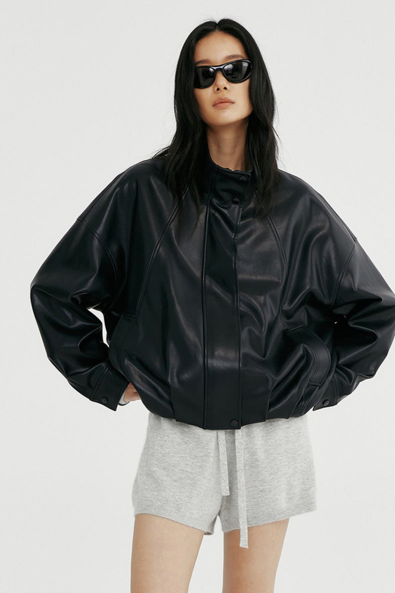 Matte-finish cropped PU jacket | 2 color
