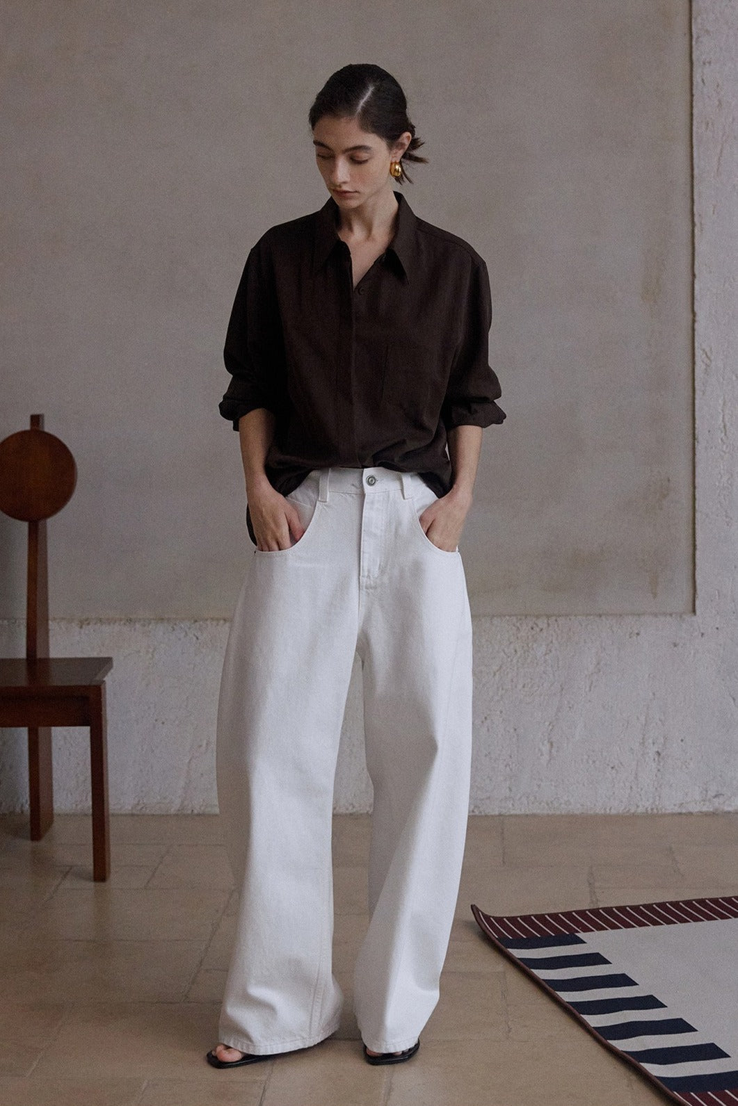 Cotton blend wide-leg curved shape jeans | 3 color