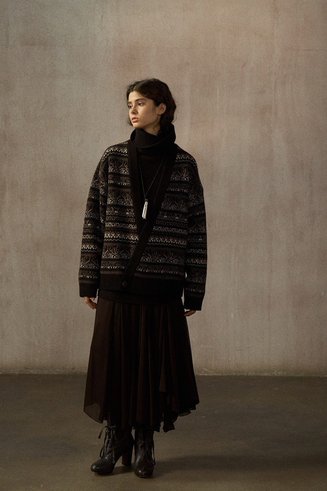 Wool blend loose-fit jacquard cardigan | 2 color