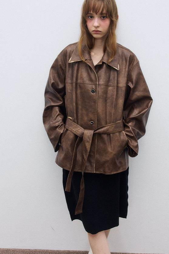 PU-coated vintage-look jacket with e belt | 3 color