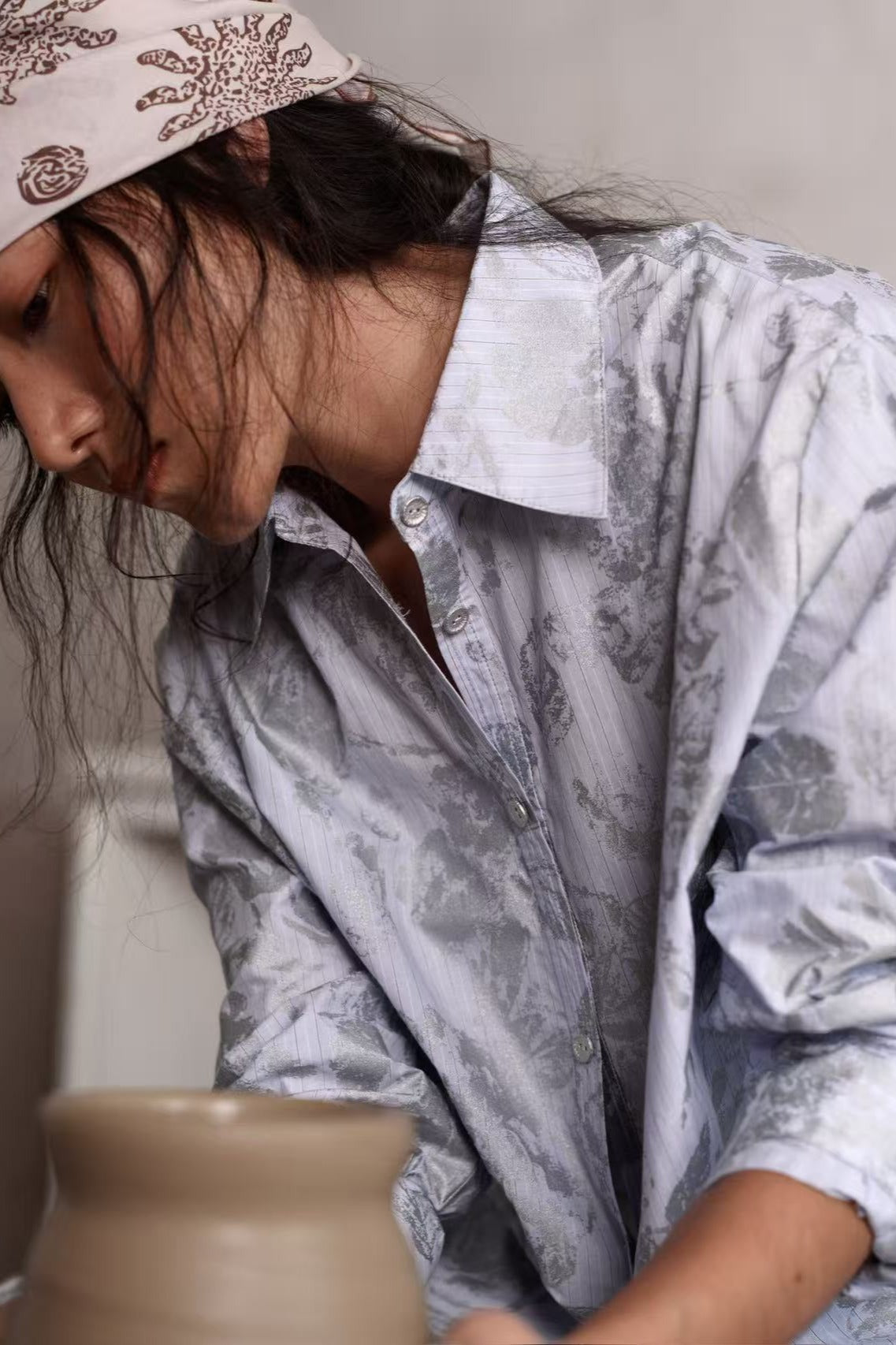 100% cotton silver-color-rose stripes shirt