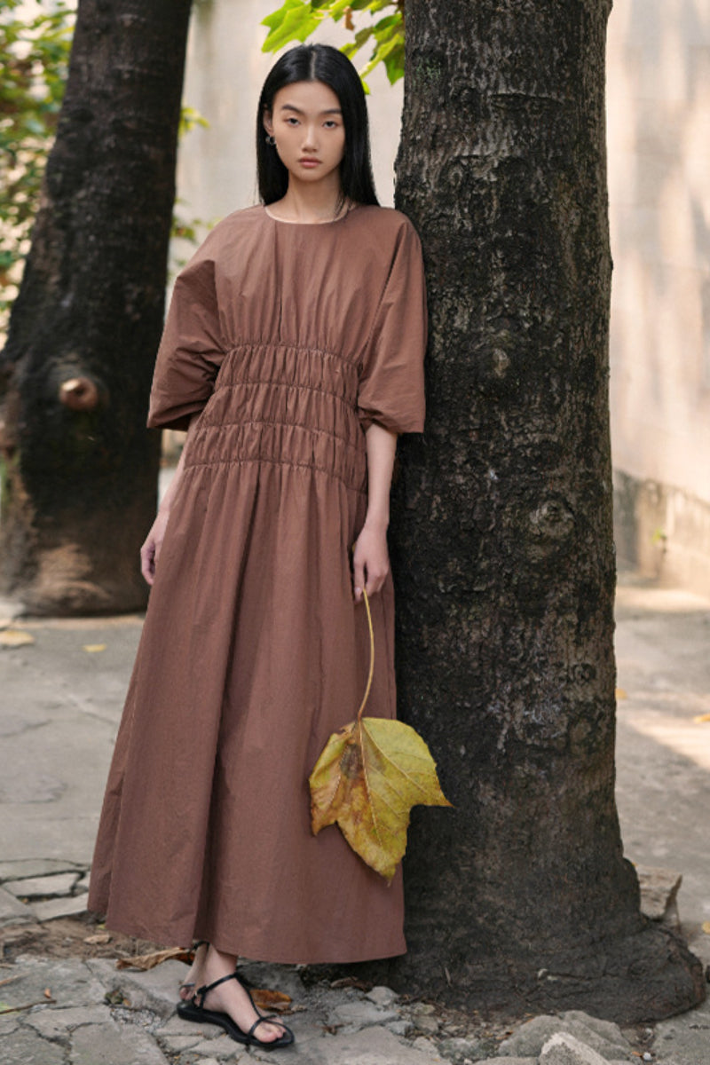 Customizable Pleated waist puff-sleeved dress | 3 color