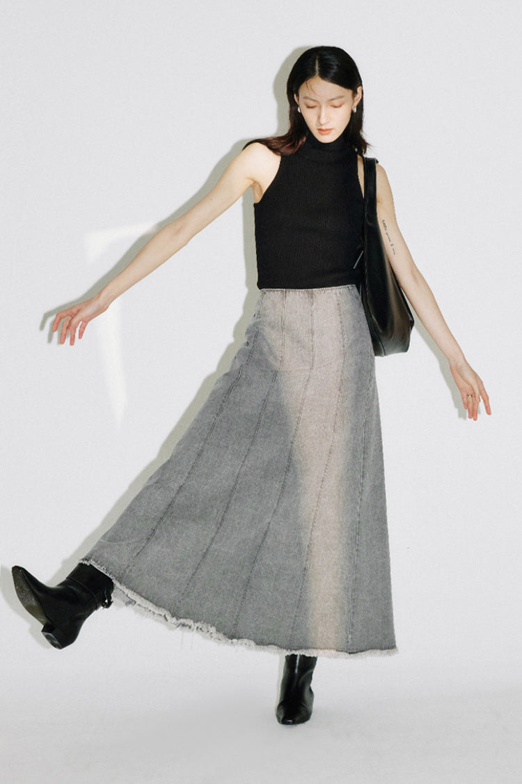 V-shaped denim fringed fishtail skirt dress | 3 colors