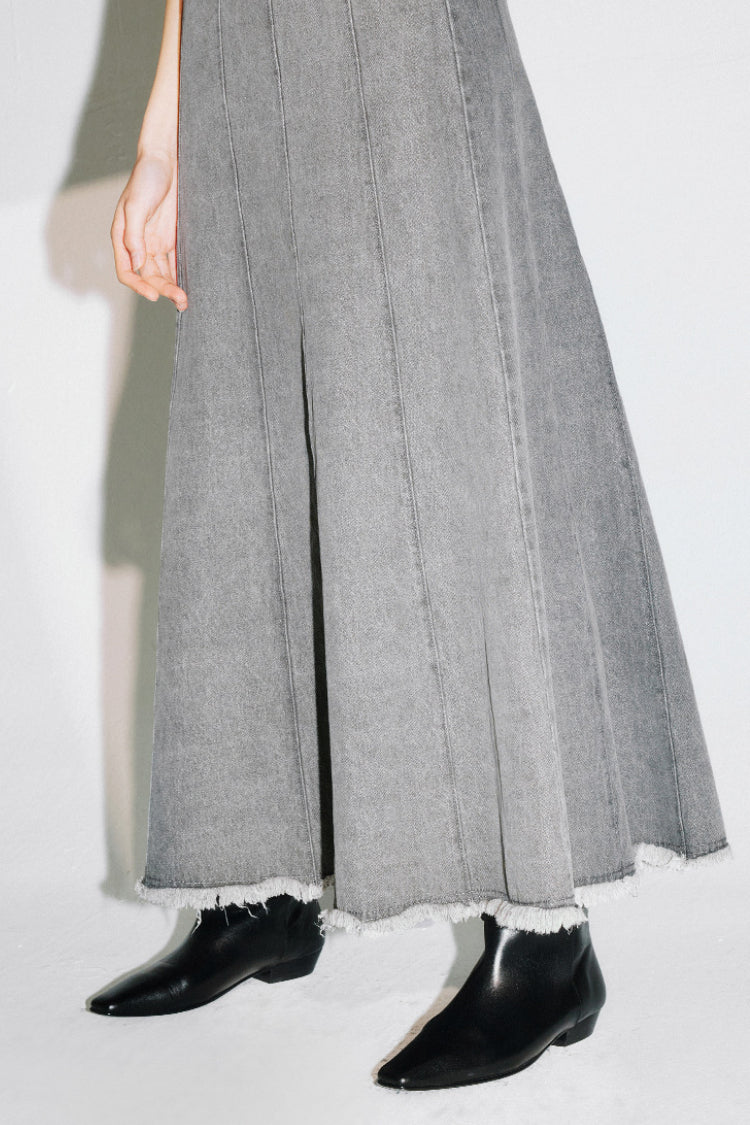 V-shaped denim fringed fishtail skirt dress | 3 colors