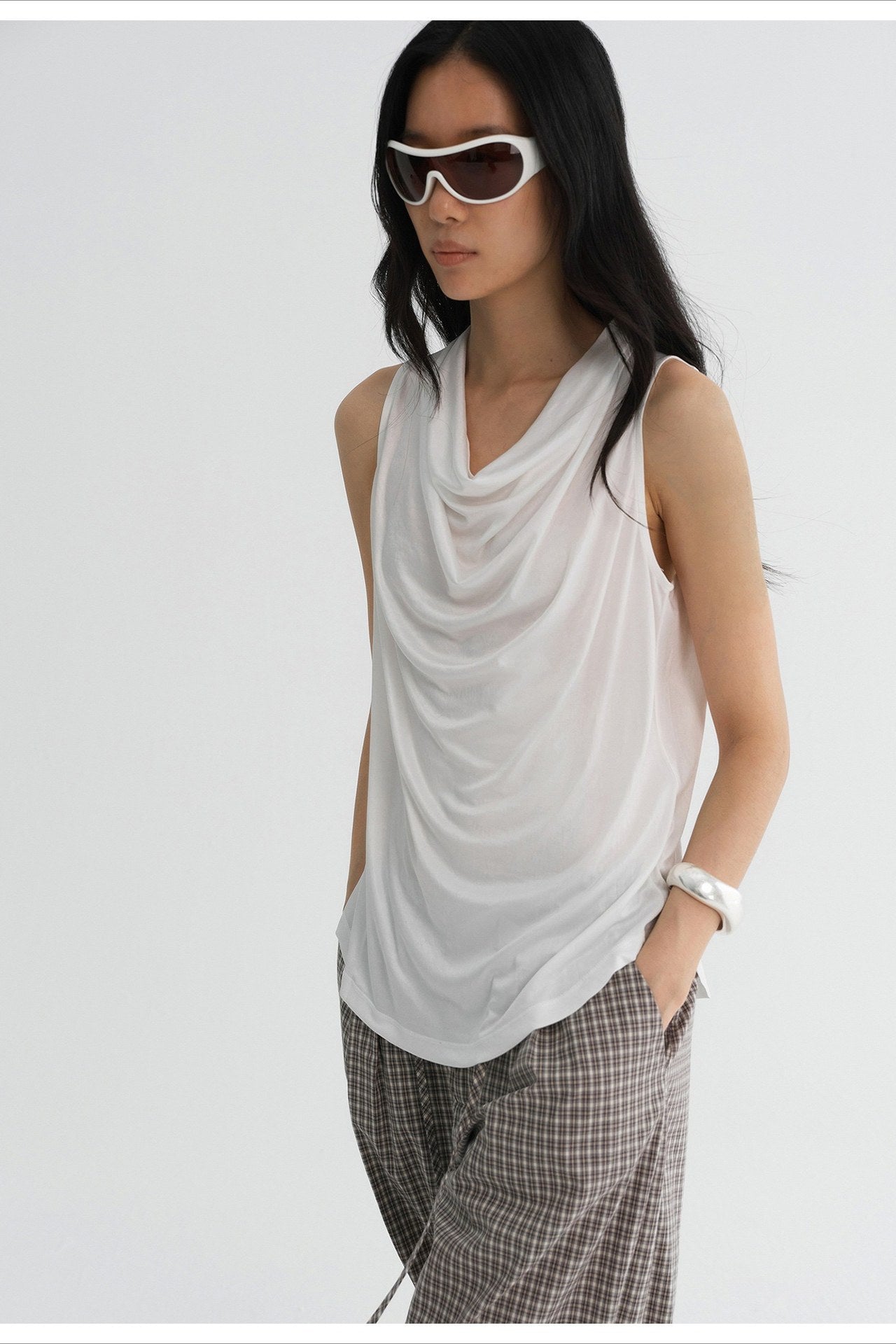 Acetate blend satin cowl-neck top | 2 color