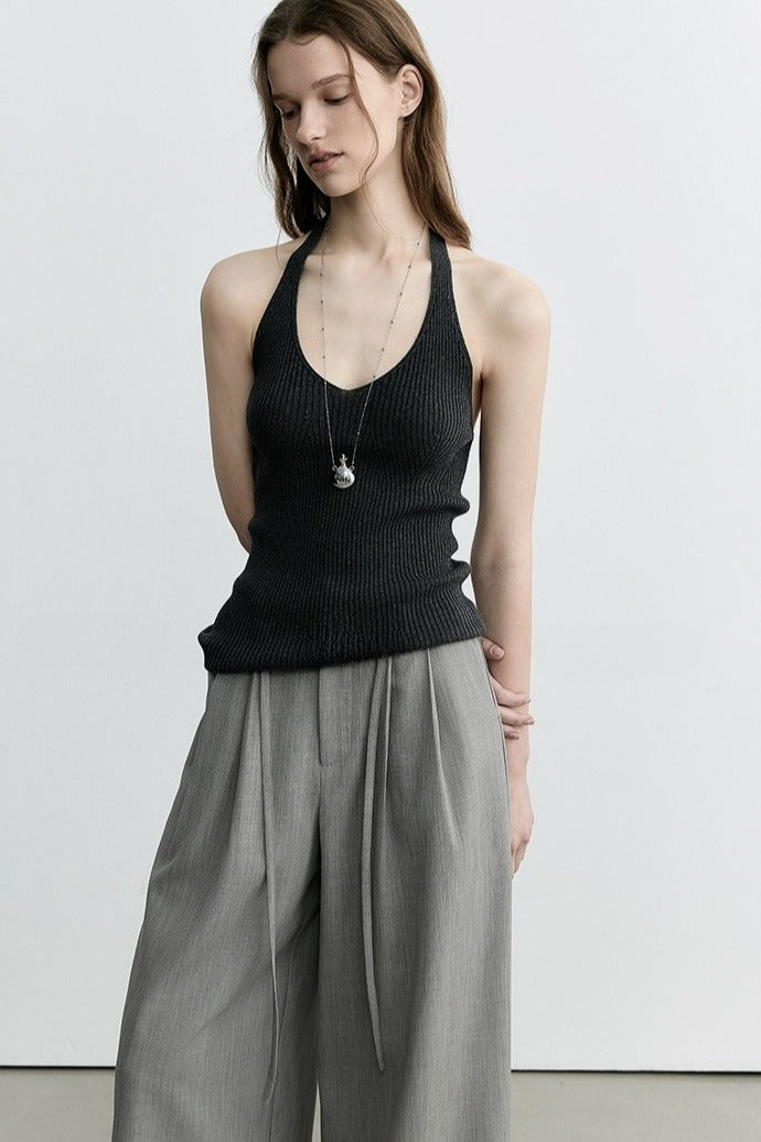 Rib-knit halter in acrylic-viscose-linen | 3 color
