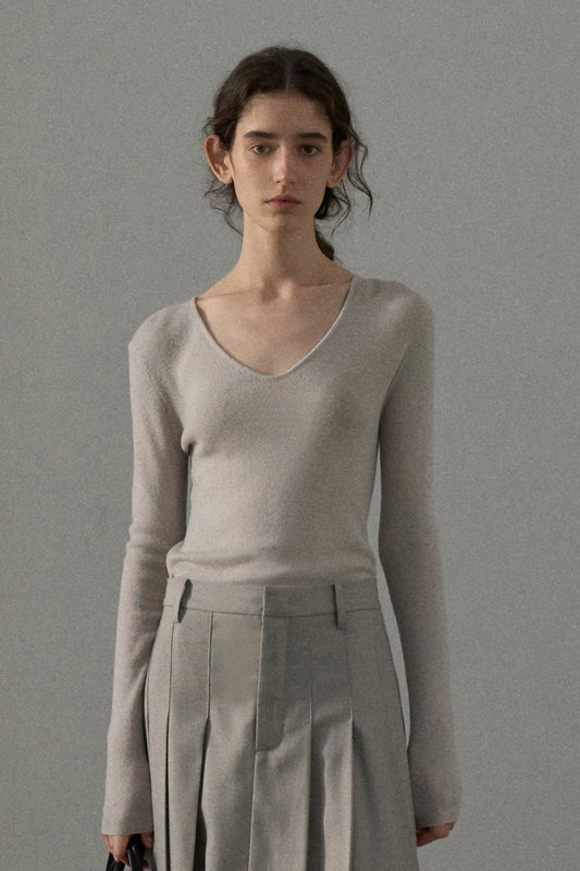 Wool containing V-neck basic knitwear | 7 color