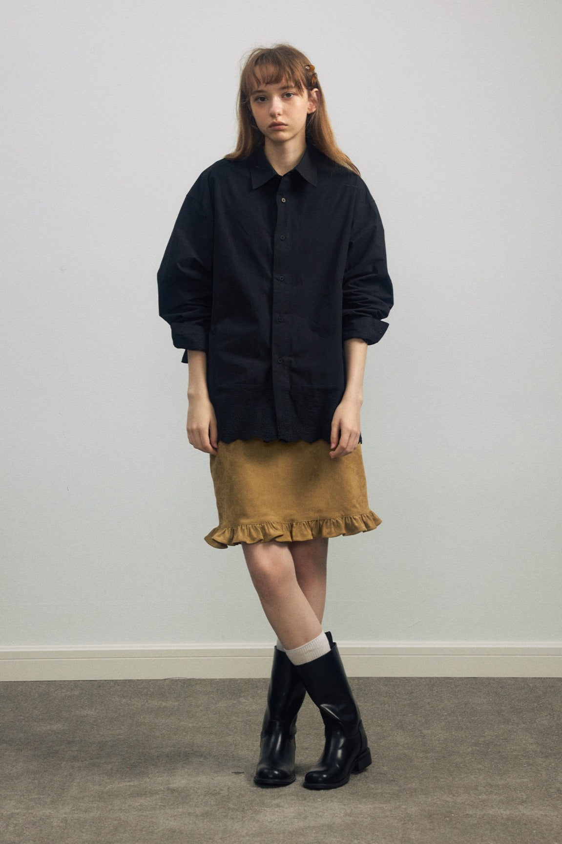100% cotton mid-length lace trim hem shirt | 3 color