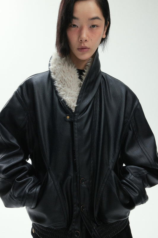 Retro-style fur-trimmed collar PU bomber puffer jacket | 2 color