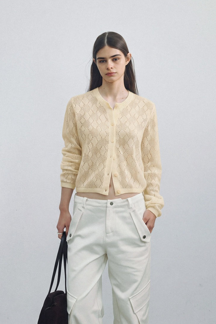 Diamond-pattern openwork cardigan | 3 color