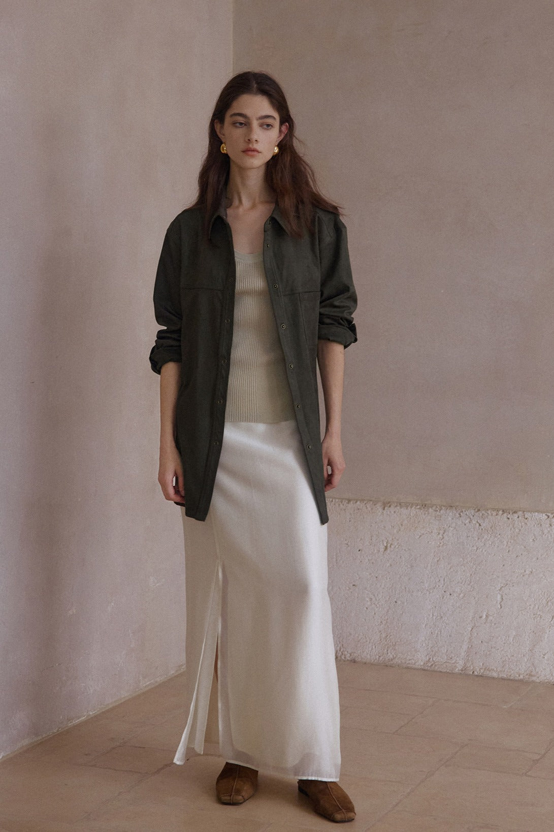 Elastic mid-length suede feel drawstring waist shirt-jacket | 3 color