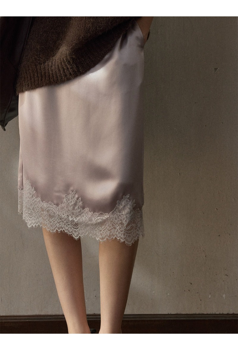 Elegant satin lace trim midi skirt | 3 color
