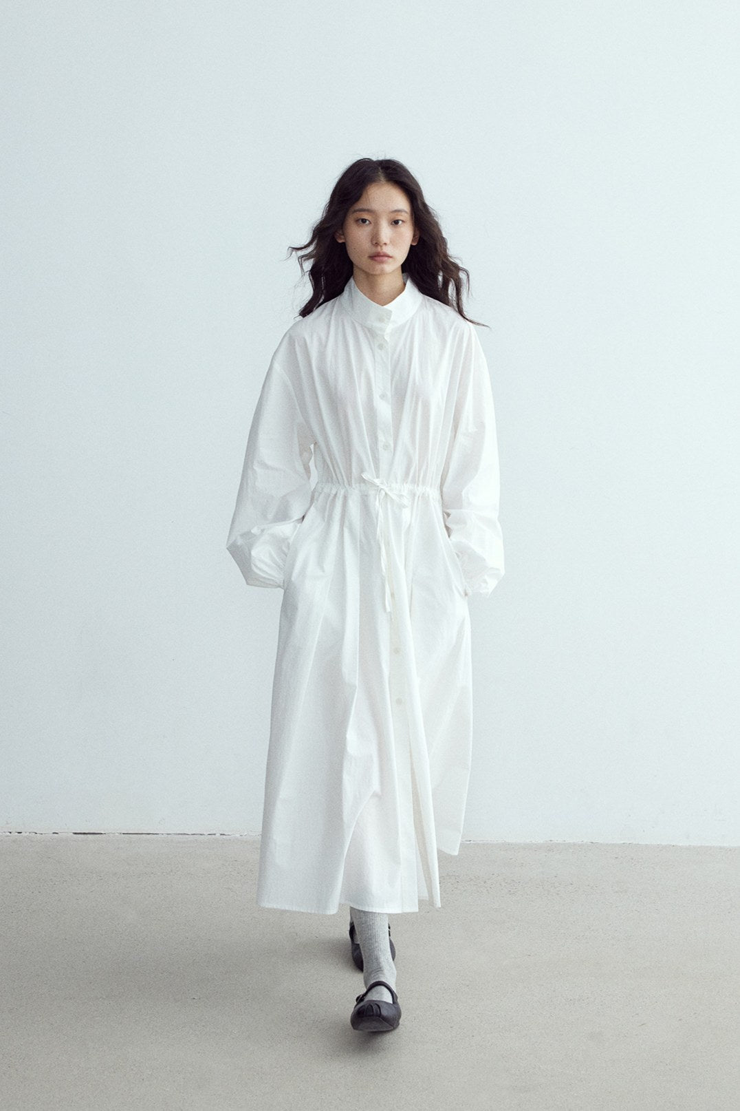 Relaxed stand collar waisted shirt dress coat | 3 color