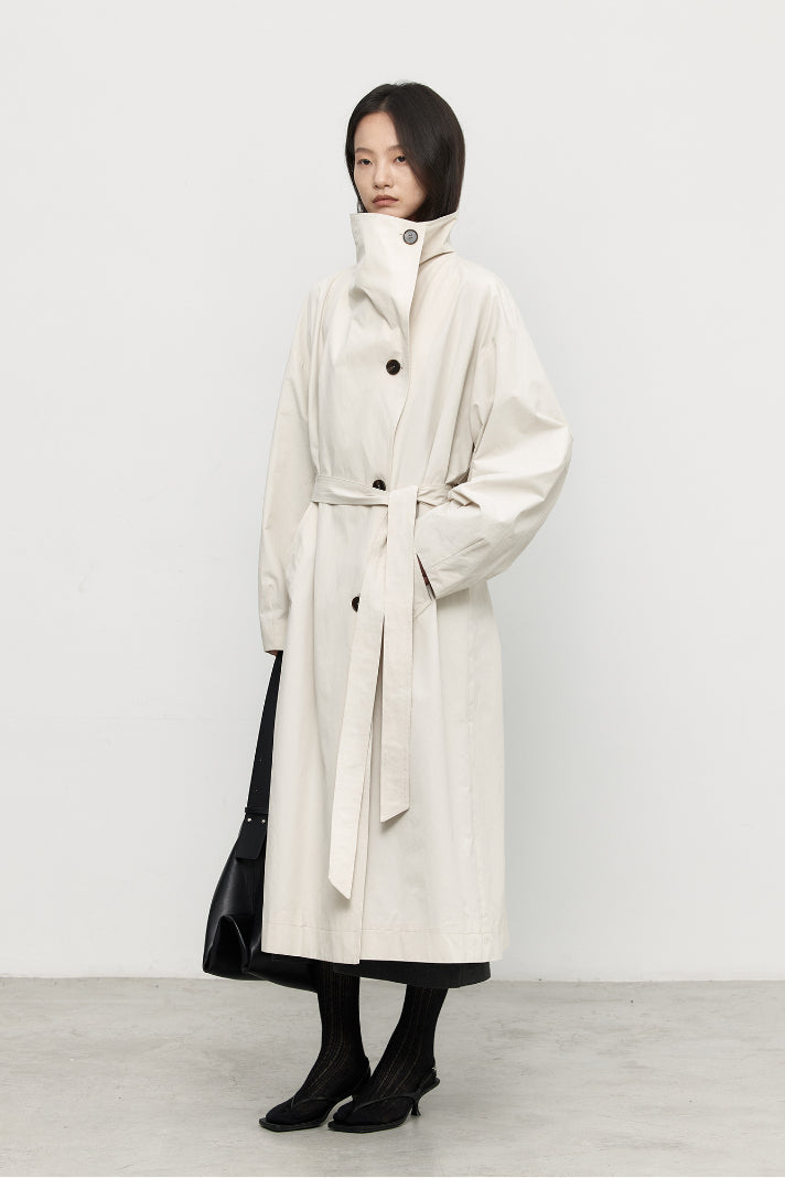 Stand wide collar cotton trench coat | 3 color – Polyphonie