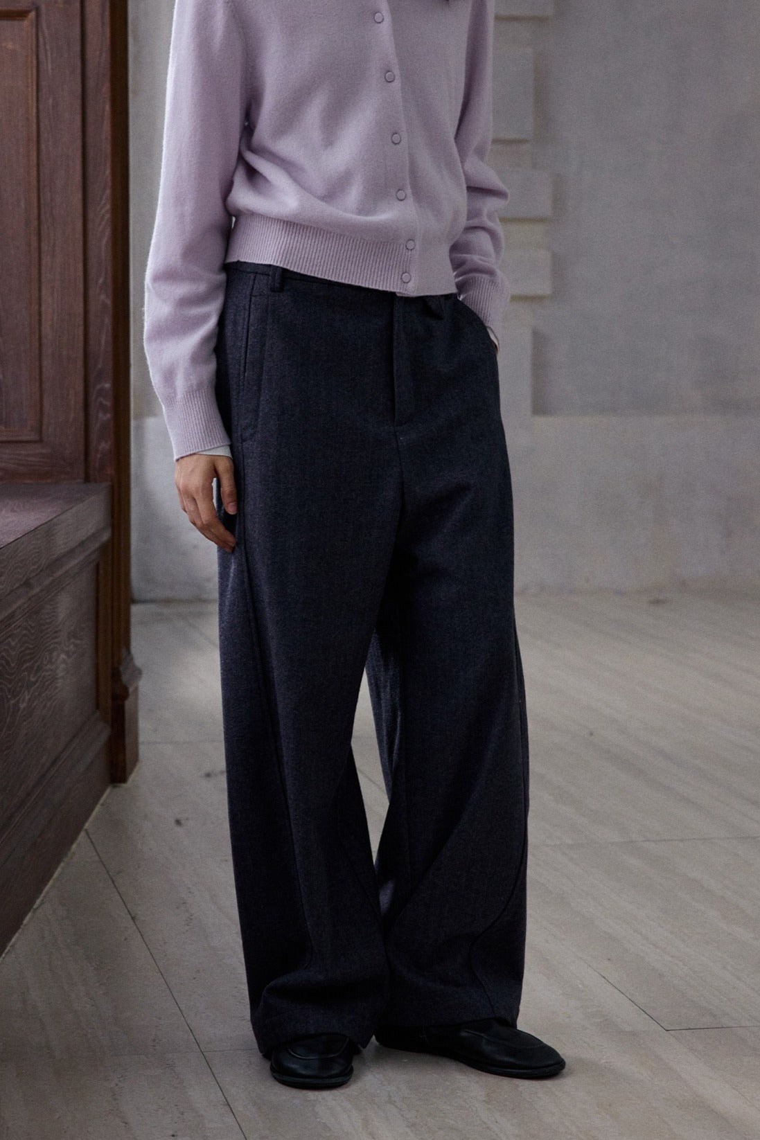 Wool blend herringbone texture loose fit casual pants | 2 color