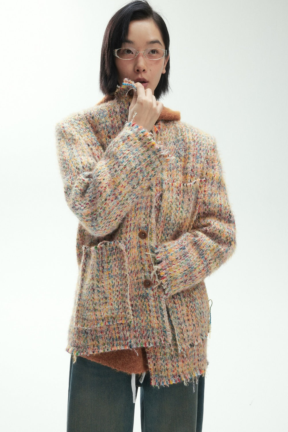 Wool blend textured fringed tweed jacket | 2 color