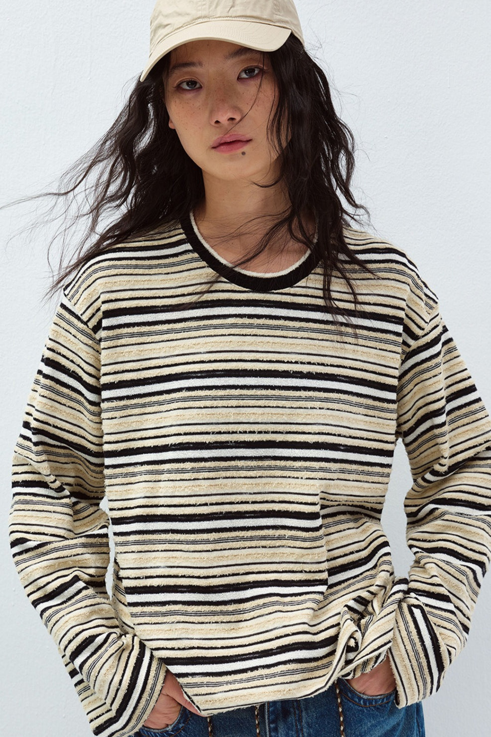 Cotton blend velvet-texture striped T-shirt | 5 color