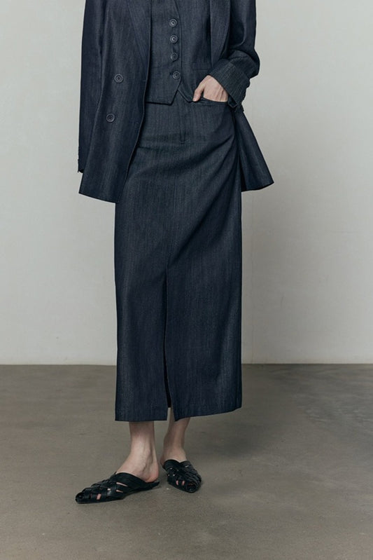 Cotton-Tencel-ramie denim midi skirt