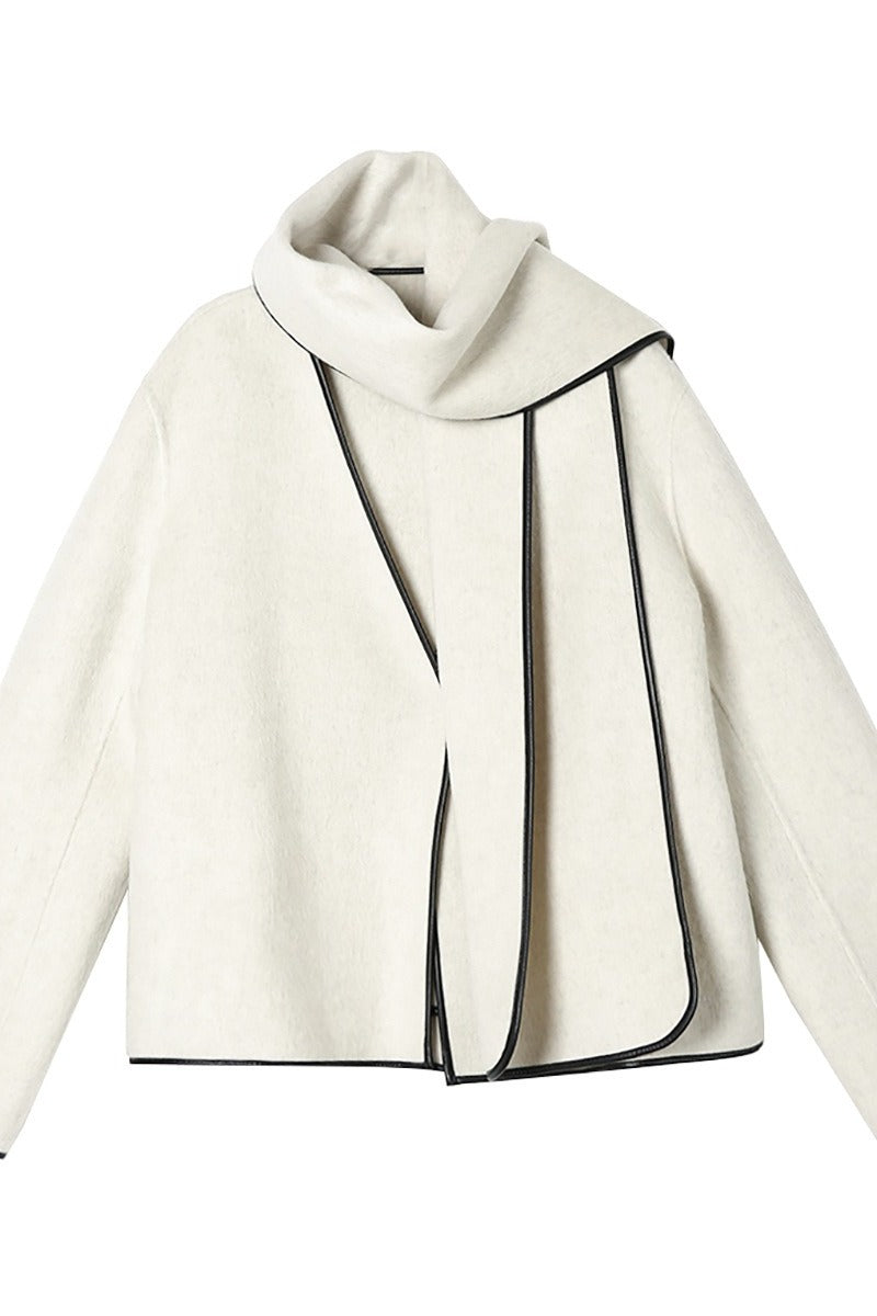 Wool-cashmere-silk loose fit V-neck jacket with a scarf