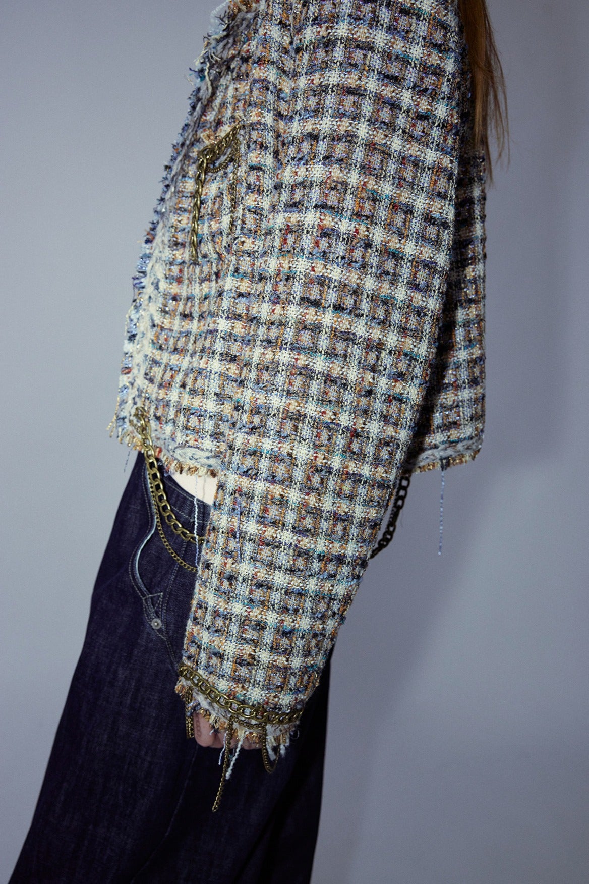 Cropped chain trim rough edge tweed jacket | 2 color