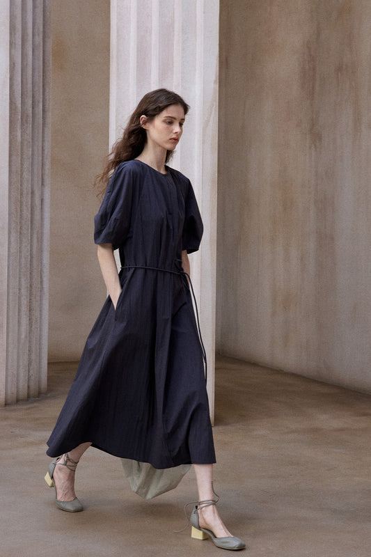 Cotton blend textured fabric peplum sleeves dress | 4 color