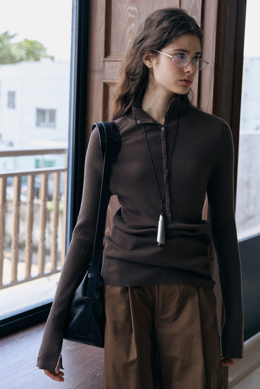 Wool blend stand-up collar ribbed base knitwear | 2 color