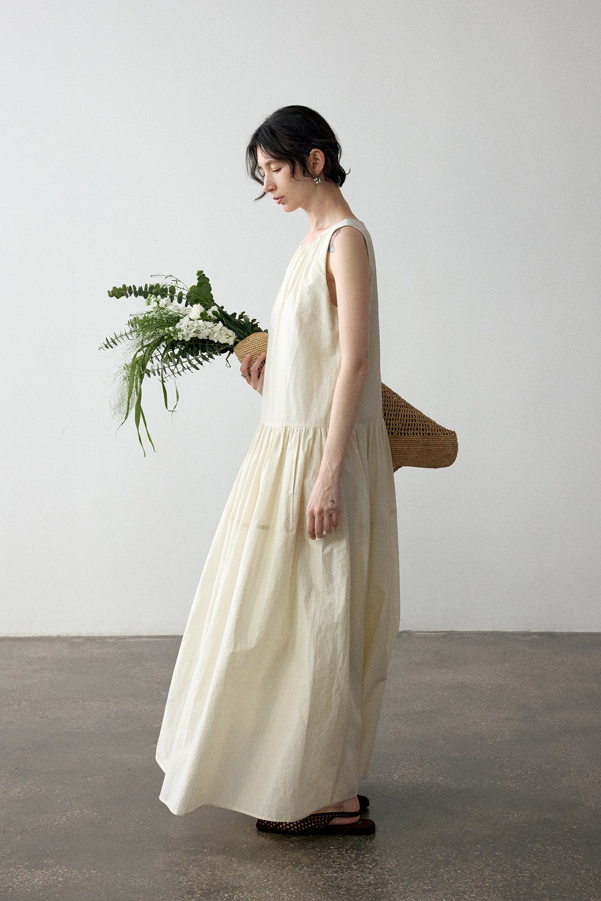 Cotton blend pleated A-line sleeveless dress | 4 color