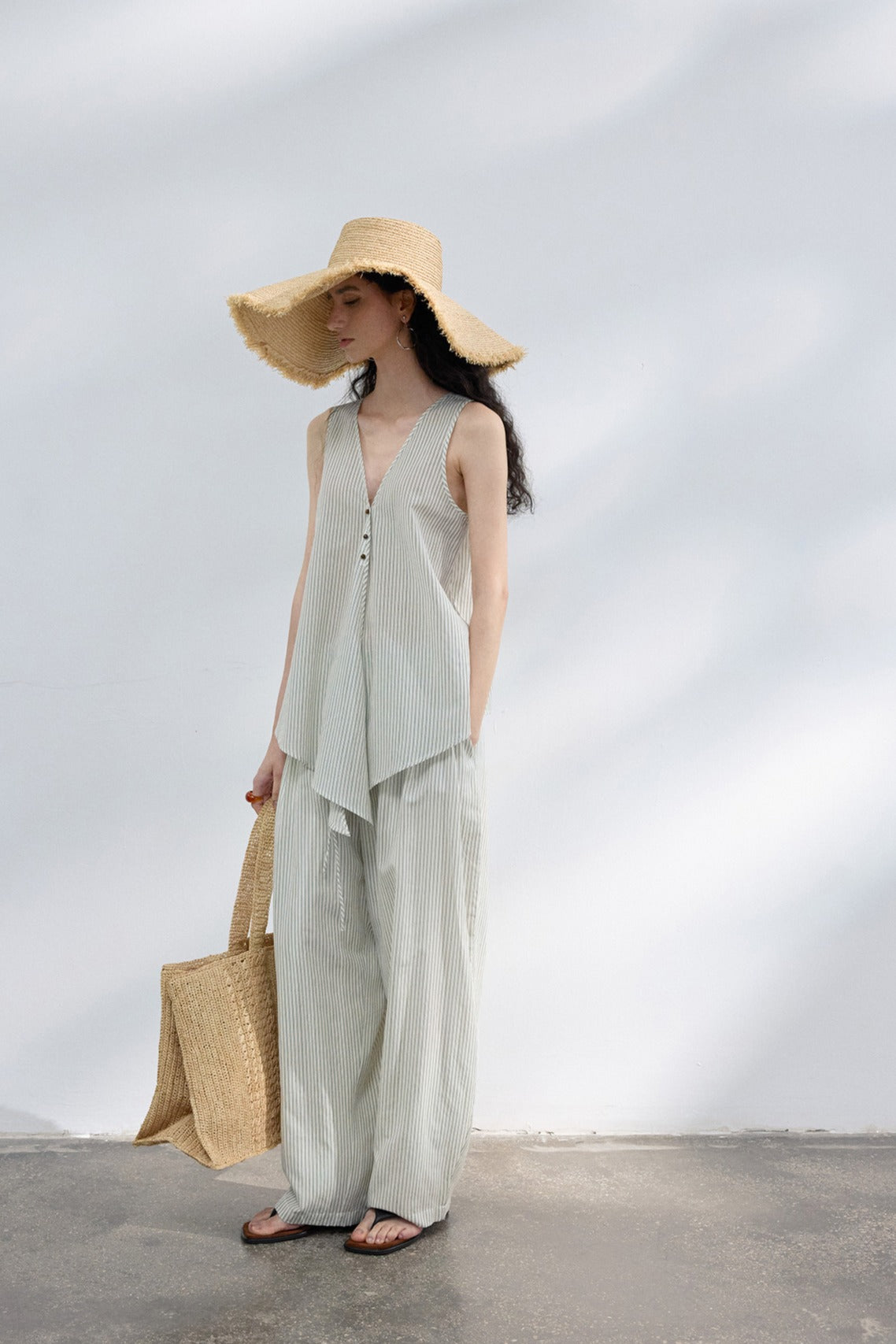 Lyocell blend loose fit stripped pants | 2 color