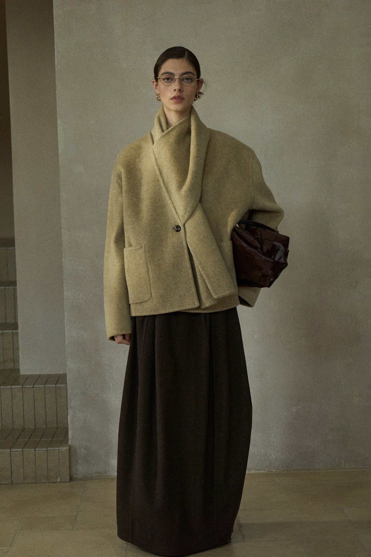 Wool-alpaca scarf-collar elegant jacket | 3 color