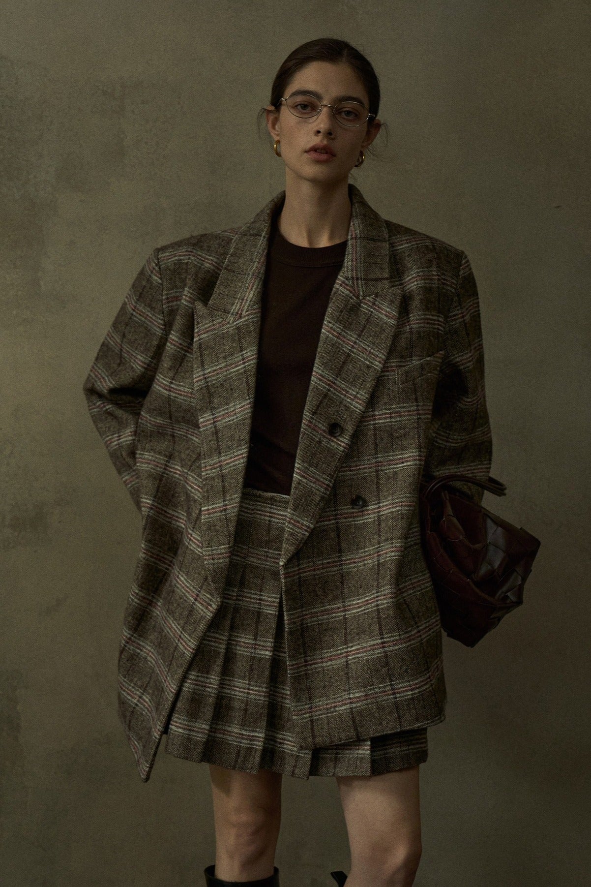 Wool containing plaid pattern super loose blazer | 2 color