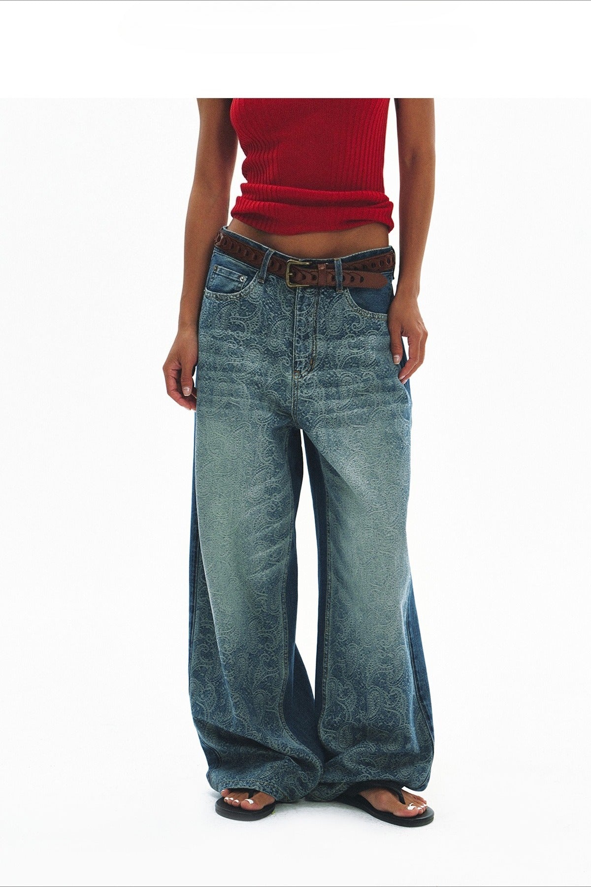 Cotton-blend jacquard wide-leg jeans