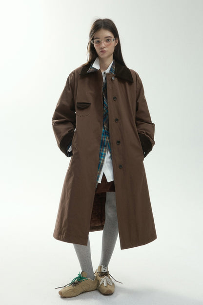 Cotton corduroy color-blocked long padded trench coat | 2 color