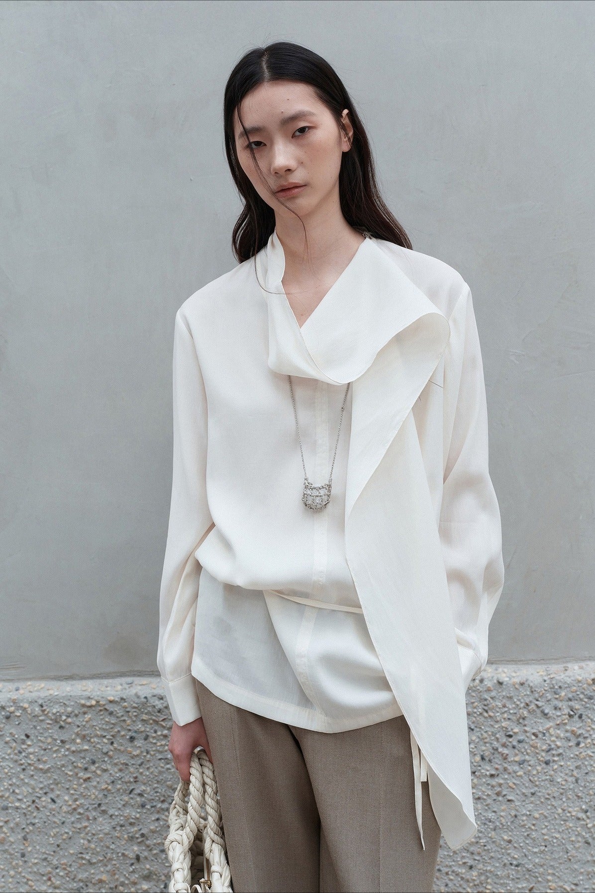 Modal-blend flowing necktie drape blouse | 2 color